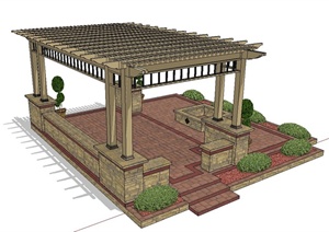 某欧式廊架设计SU(草图大师)模型（含花池、盆栽、地面铺装）