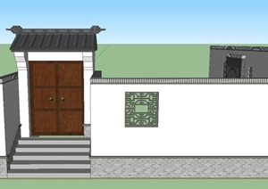 古典中式建筑节点大门、围墙设计SU(草图大师)模型