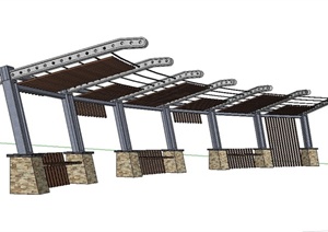 某现代钢木组合廊架设计SU(草图大师)模型（含木质座椅）