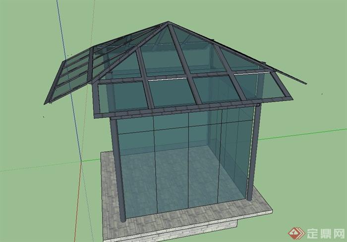 现代中式方形阳光房建筑设计SU模型(2)
