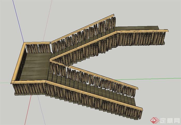 某室内木质转折楼梯设计SU模型(1)