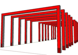 某现代n形状红色廊架设计SU(草图大师)模型