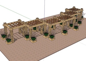 某现代木廊架设计SU(草图大师)模型（含花池、地面铺装）