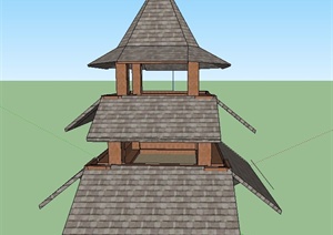 古典中式木质三层塔楼建筑设计US模型