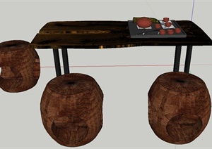 室内木质茶桌凳设计SU(草图大师)模型