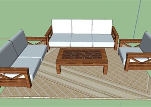 现代中式木质沙发、茶几设计SU(草图大师)模型