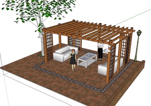 东南亚廊架设计SU(草图大师)模型（含沙发茶几、树池、路灯、地面铺装）