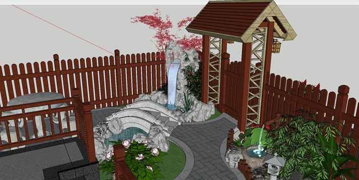 中式日式结合小庭院景观设计su模型