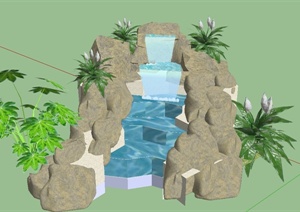 园林景观节点景石跌水景观设计SU(草图大师)模型