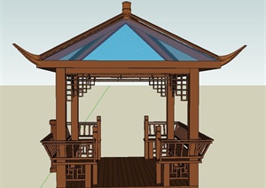 园林景观节点四角木质玻璃亭设计SU(草图大师)模型