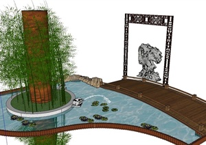园林景观节点景观柱、水池景观、木门廊等组合设计SU(草图大师)模型
