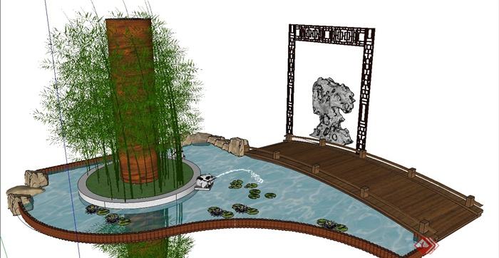 园林景观节点景观柱、水池景观、木门廊等组合设计SU模型(1)
