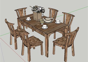 室内木质六人桌椅设计SU(草图大师)模型