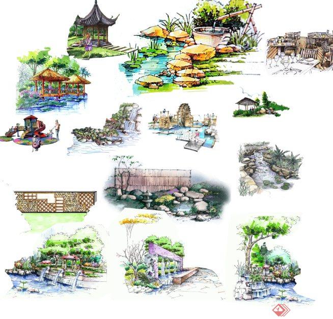 园林景观节点亭子、水景、景墙、小品等素材设计PSD图(1)