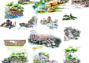 园林景观节点亭子、水景、景墙、小品等素材设计PSD图