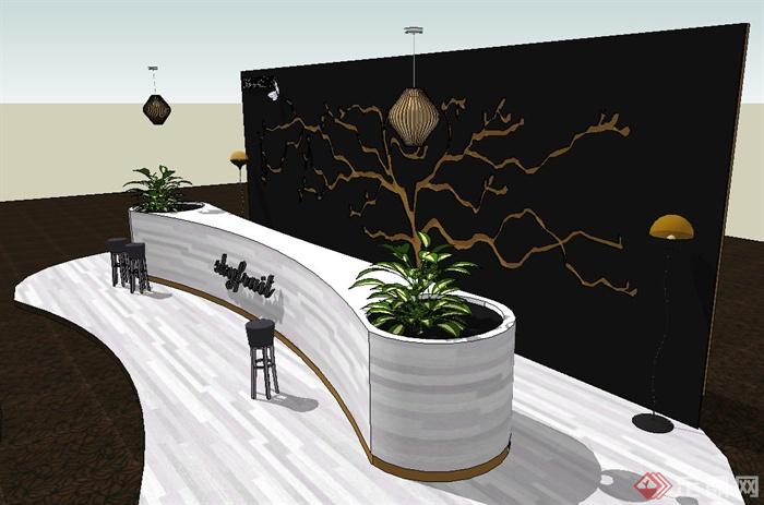 现代某西餐厅吧台与背景墙设计SU模型(2)