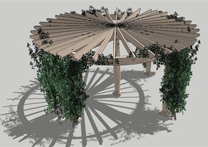 某现代木廊架结构设计SU(草图大师)模型（含藤蔓）
