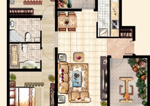 某两室一厅两阳台住宅空间设计PSD效果图