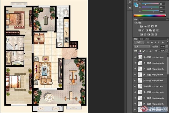 某两室一厅两阳台住宅空间设计PSD效果图(2)
