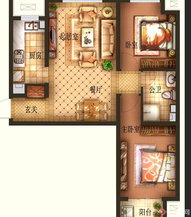 皇朝公馆2室一厅住宅空间设计PSD彩平图(1)