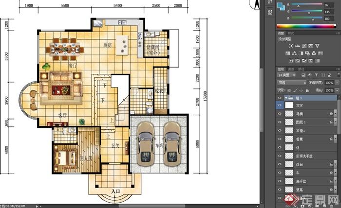 某别墅一层室内设计PSD彩平图(2)