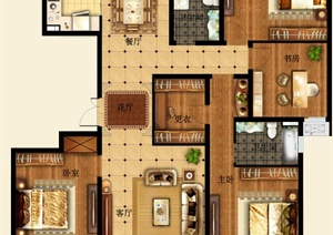 某现代室内四室两厅psd分层户型图（平面布置图）