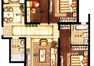 某现代公馆三室一厅室内设计psd分层图（平面布置图）