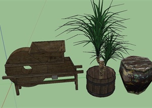 园林景观节点木质磨面机与盆景植物设计SU(草图大师)模型