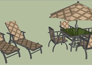 现代风格桌椅、遮阳伞、躺椅SU(草图大师)模型