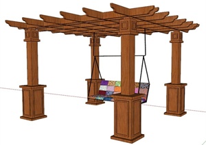 中式风格木廊架带吊椅SU(草图大师)模型