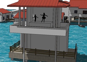 现代中式水上剧院建筑设计SU(草图大师)模型（含现代中式住宅建筑）