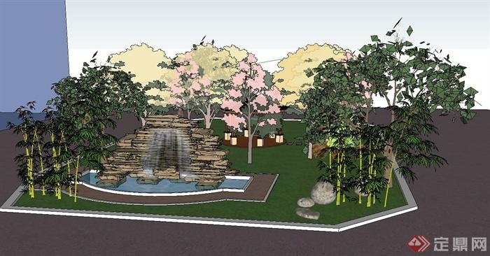 小花园景观设计su模型（含景石水景雕塑、六角凉亭）(1)