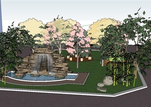 小花园景观设计SU(草图大师)模型（含景石水景雕塑、六角凉亭）