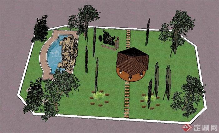 小花园景观设计su模型（含景石水景雕塑、六角凉亭）(3)