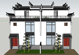 古典中式徽派双拼三层别墅建筑设计SU(草图大师)模型