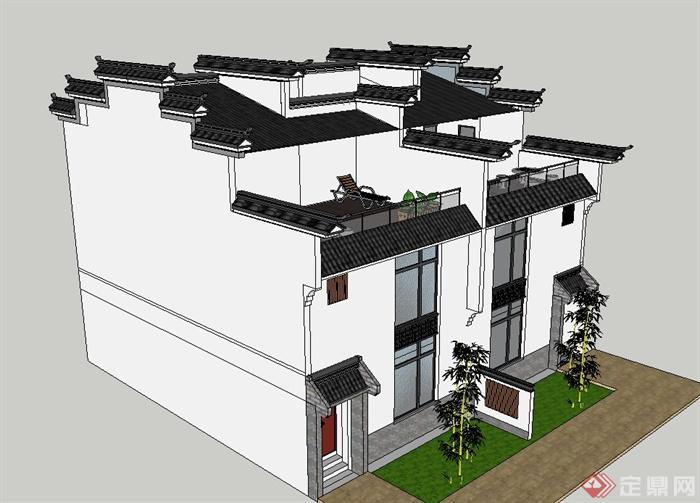 古典中式徽派双拼三层别墅建筑设计SU模型(3)