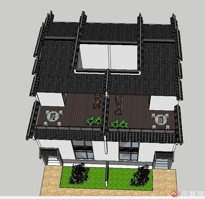 古典中式徽派双拼三层别墅建筑设计SU模型(4)