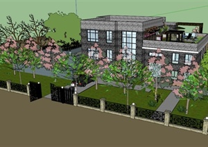 现代风格三层住宅建筑（带庭院、花园）SU(草图大师)模型