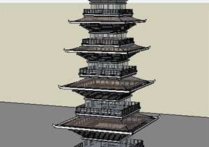 现代中式五象塔四角建筑设计SU(草图大师)模型