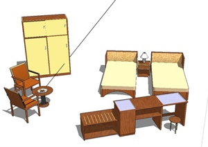 室内单人床、衣柜、桌椅设计SU(草图大师)模型