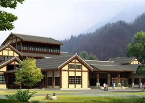 现代中式宾馆酒店建筑设计SU(草图大师)模型
