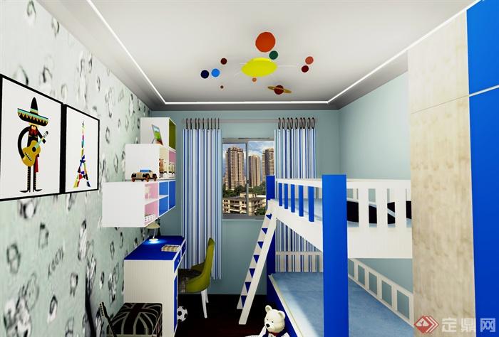 儿童房,卧室,书桌椅,书柜,高低床,装饰画