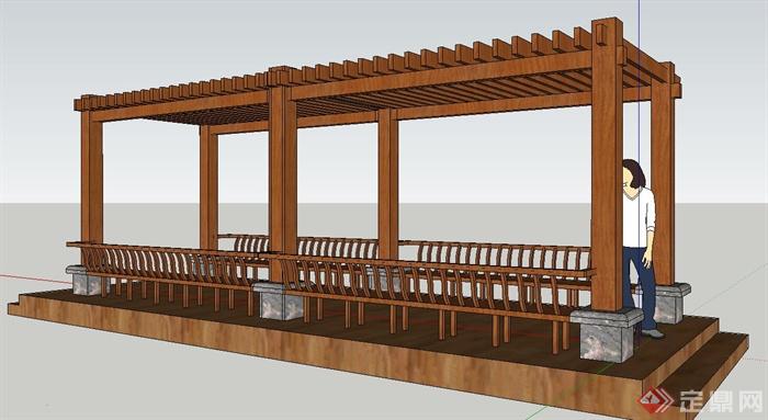 景观节点木质长方形廊架设计SU模型(1)