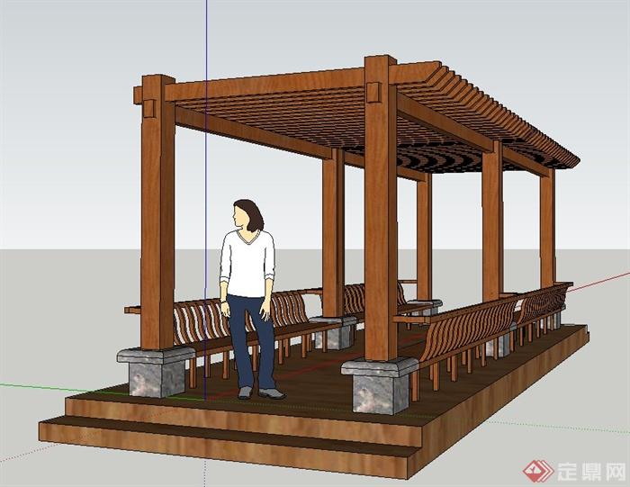 景观节点木质长方形廊架设计SU模型(2)