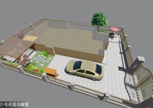 某现代中式别墅庭院花园设计SU(草图大师)模型