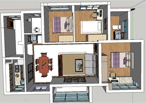 某三室一厅住宅空间装修设计SU(草图大师)模型