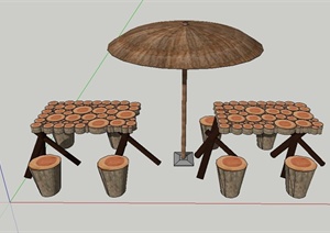 室内外木质桌椅与阳伞设计SU(草图大师)模型