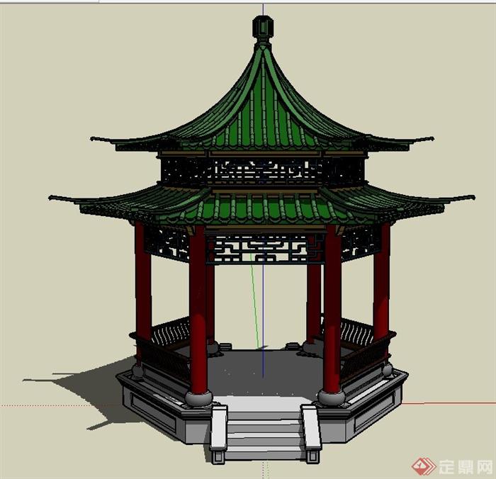 古典中式六角双檐亭设计SU模型(1)