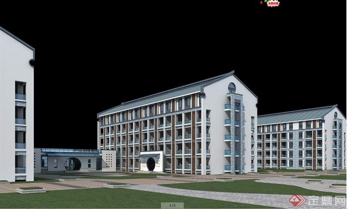 现代中式某多层敬老院建筑设计3DMAX模型（JPG效果图）(2)
