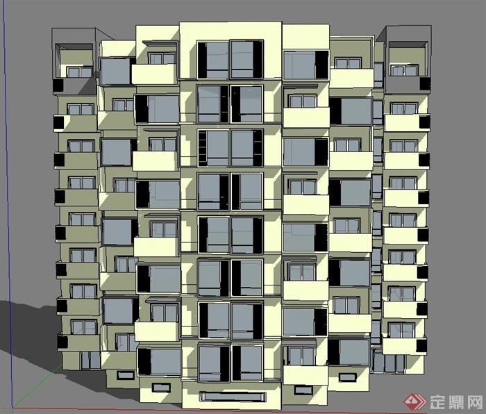 现代某多层梯凸形住宅建筑设计SU模型(1)